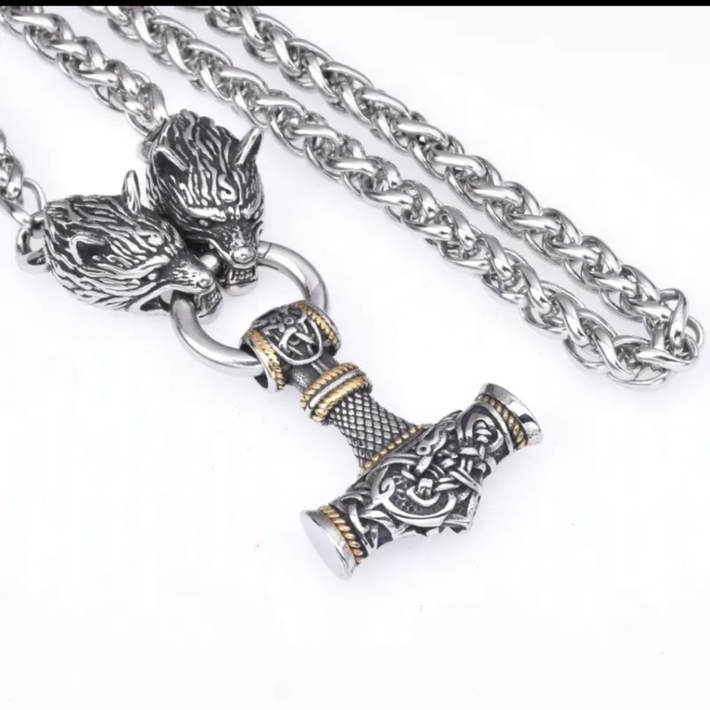 Wolf Head Mjolnir Thor Hammer Pendant Steel Necklace Viking Celtic Norse - Picture 2 of 4